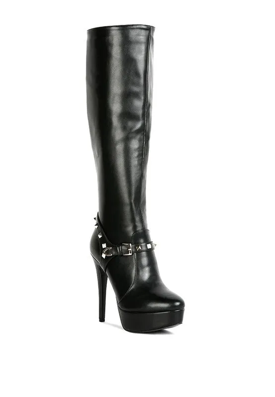 Size US 9 Black Nephele Silver Stud Stiletto Calf Boots