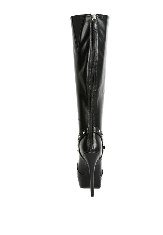 Size US 9 Black Nephele Silver Stud Stiletto Calf Boots