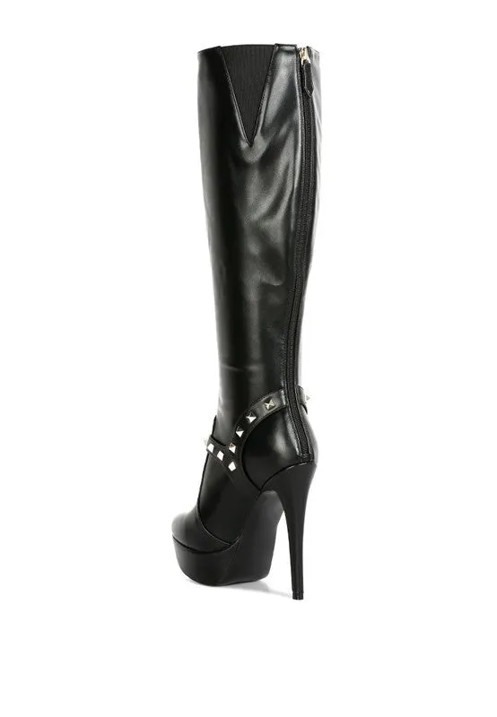Size US 9 Black Nephele Silver Stud Stiletto Calf Boots
