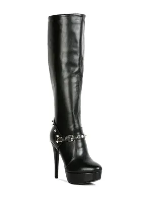 Size US 9 Black Nephele Silver Stud Stiletto Calf Boots