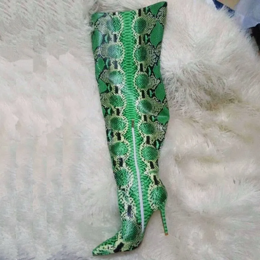 Snakeskin Pointed Toe Over The Knee Long Boots Sexy Ladies Shoes