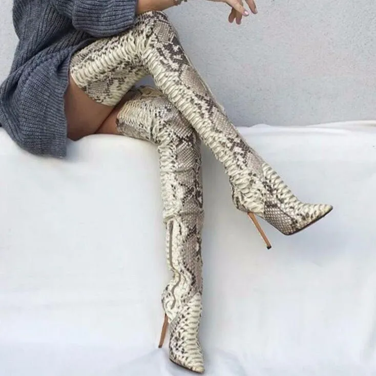 Snakeskin Pointed Toe Over The Knee Long Boots Sexy Ladies Shoes
