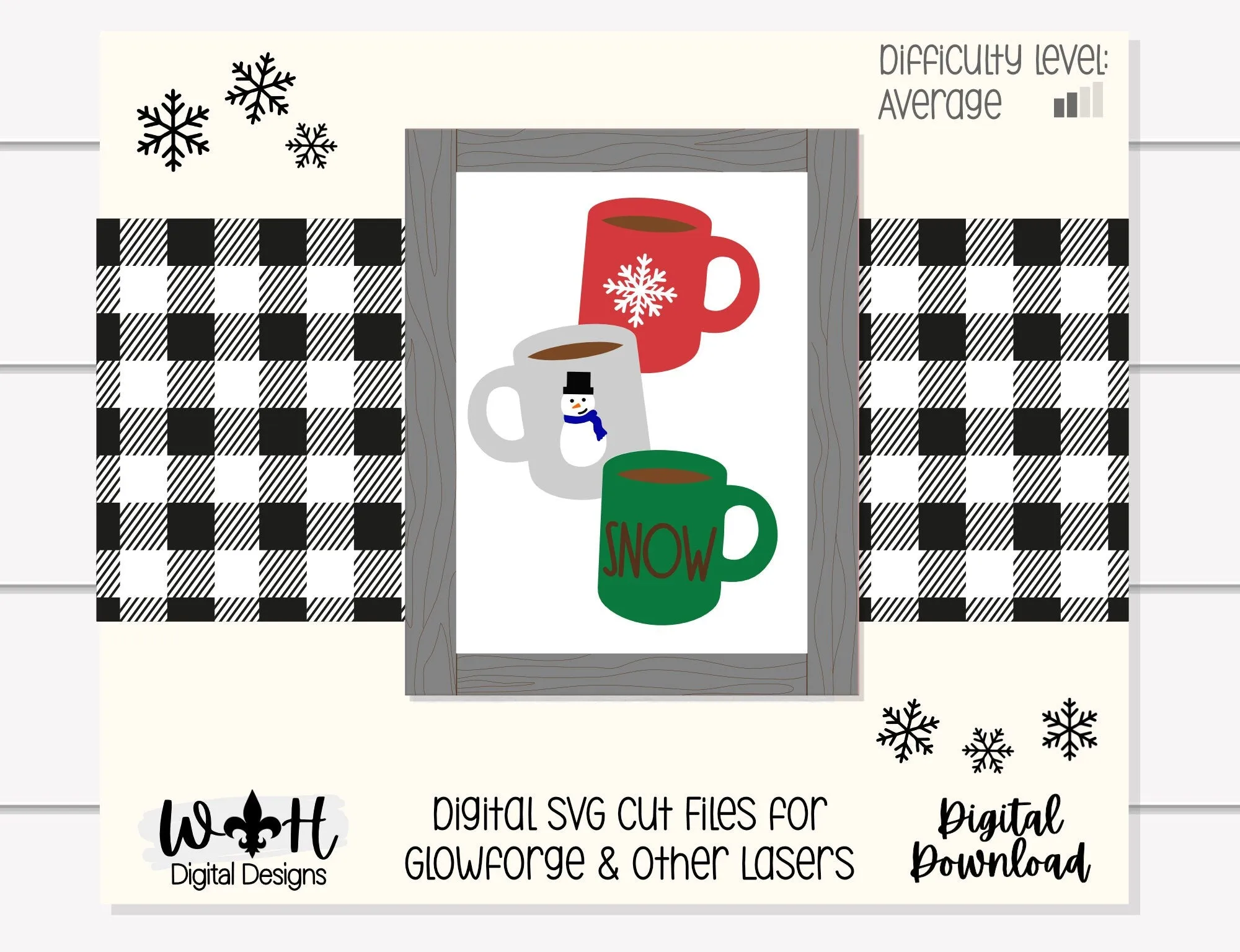 Snow Stacked Coffee Mugs Farmhouse Frame Sign - Winter Tiered Tray Decor and DIY Kits - Cut File For Glowforge Lasers - Digital SVG File