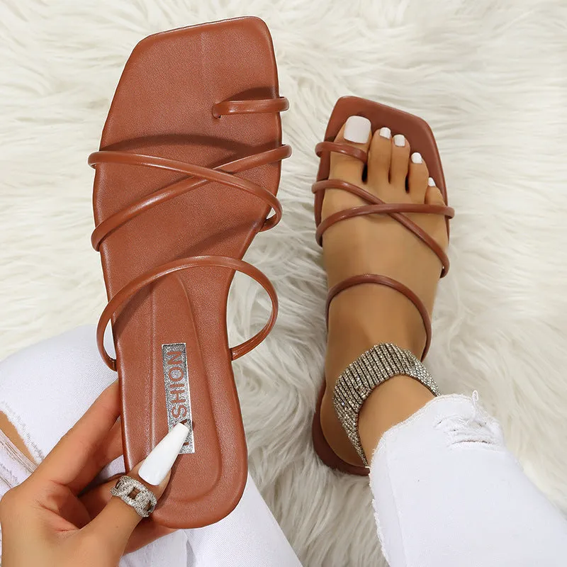 Solid Square Toe Flat Sandals