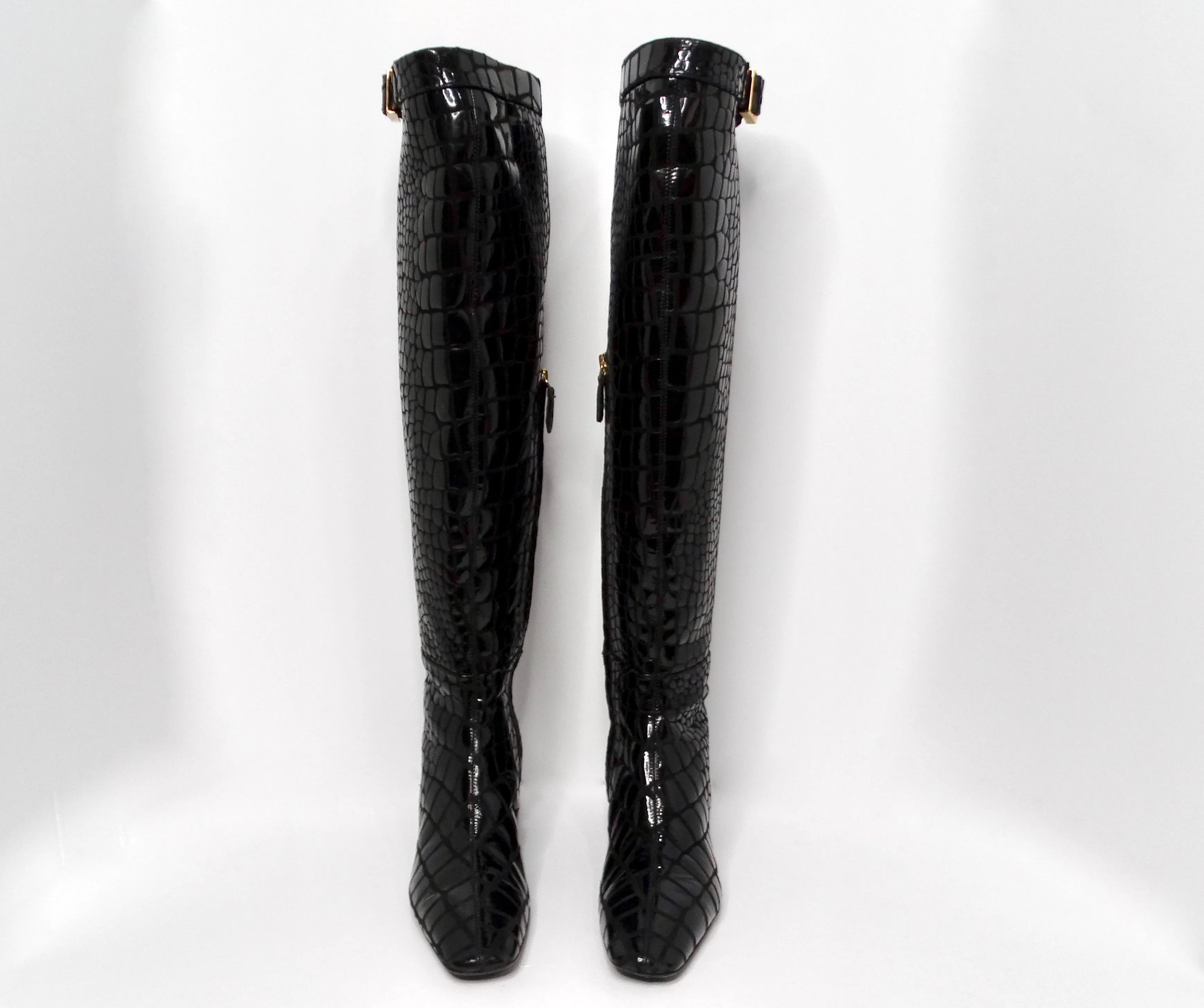 Tom Ford Black Crocodile Embossed Leather Knee Hight Boots