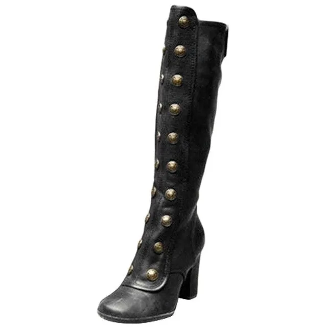 Women Fashion Side Zip Booties Knee High Boots High Heels Retro Shoes High Boots Leather Boots Women