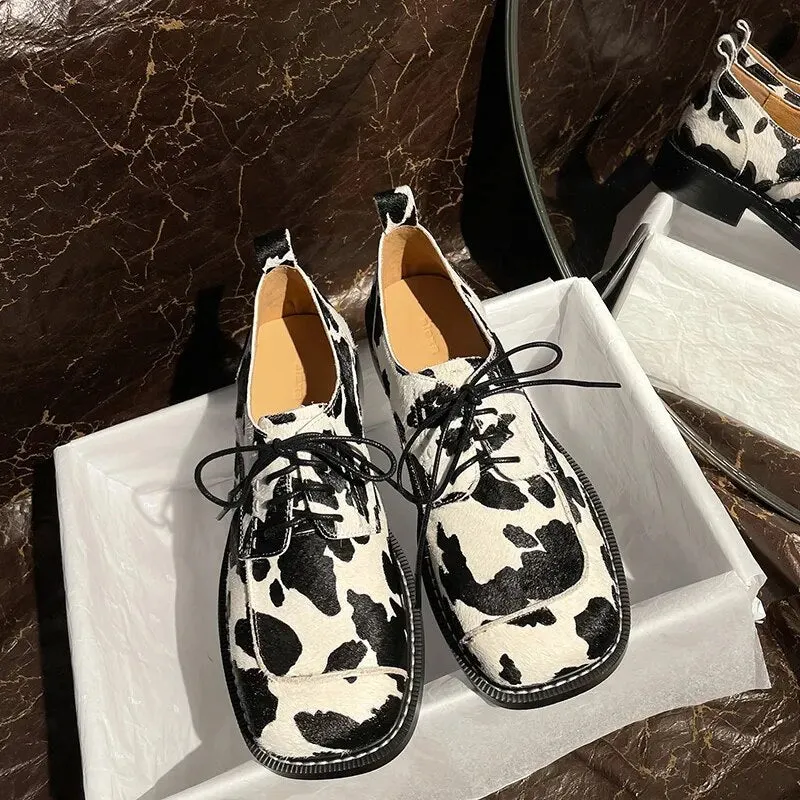 Women Horsehair Leather Square Toe Oxford Loafers