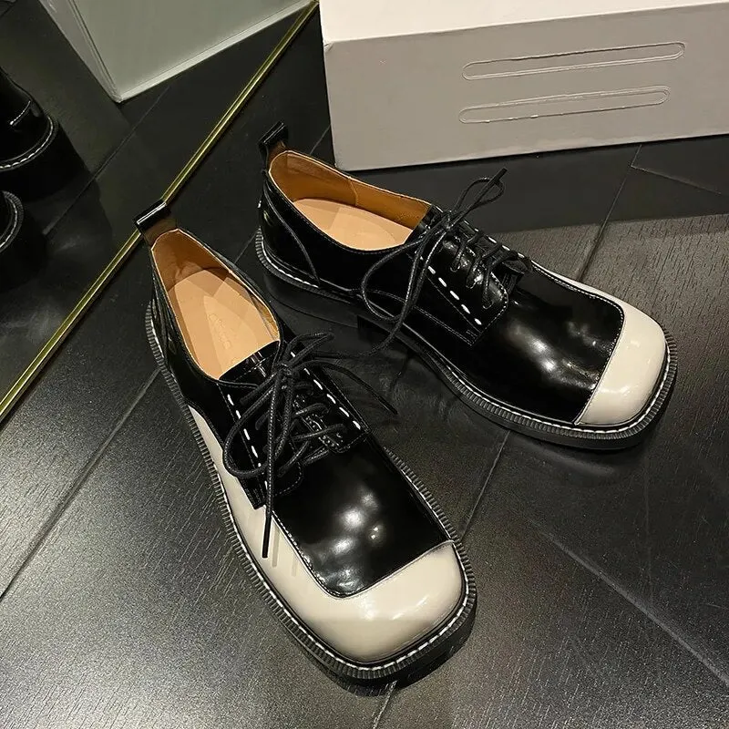 Women Horsehair Leather Square Toe Oxford Loafers