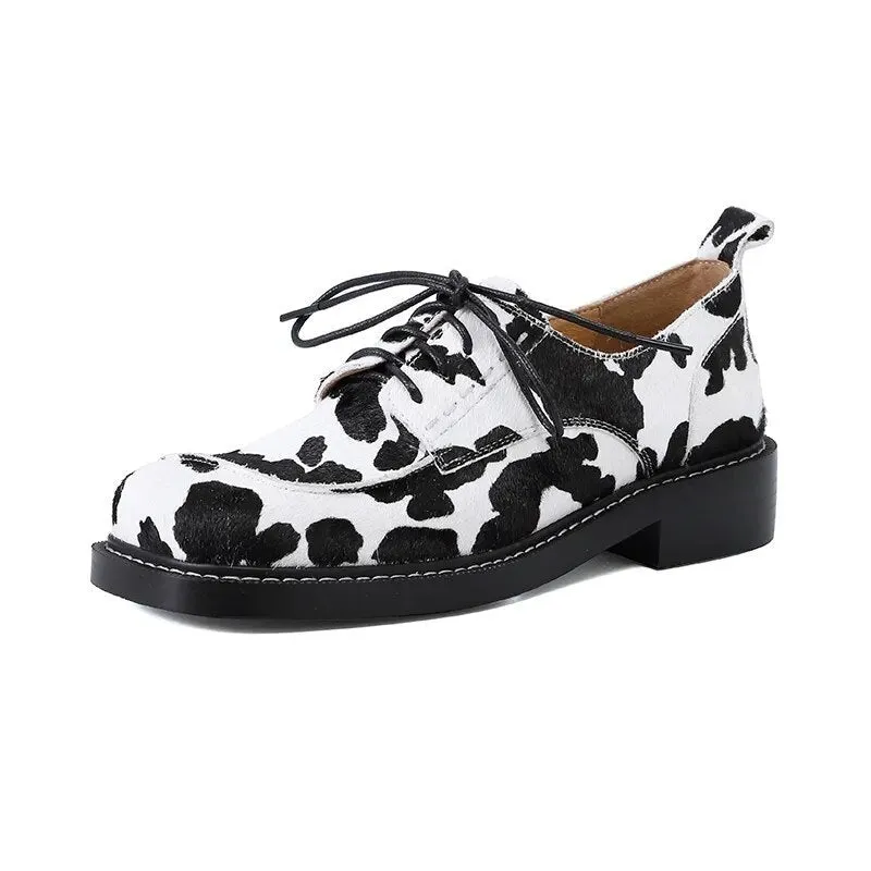 Women Horsehair Leather Square Toe Oxford Loafers