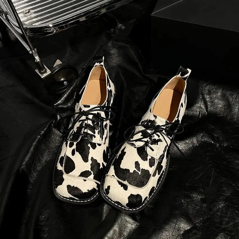 Women Horsehair Leather Square Toe Oxford Loafers
