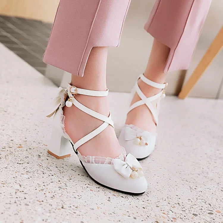 Women's Ankle Strap Butterfly Knot Pearl Cross Tied Strap Block Heel Sandals