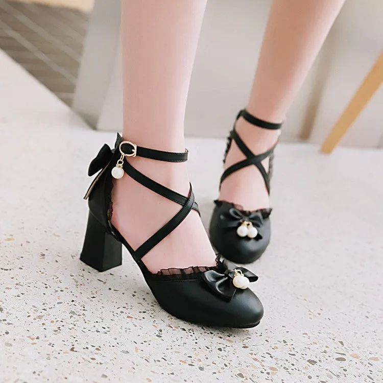 Women's Ankle Strap Butterfly Knot Pearl Cross Tied Strap Block Heel Sandals