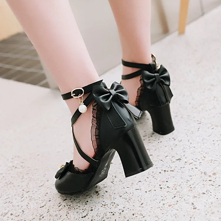 Women's Ankle Strap Butterfly Knot Pearl Cross Tied Strap Block Heel Sandals