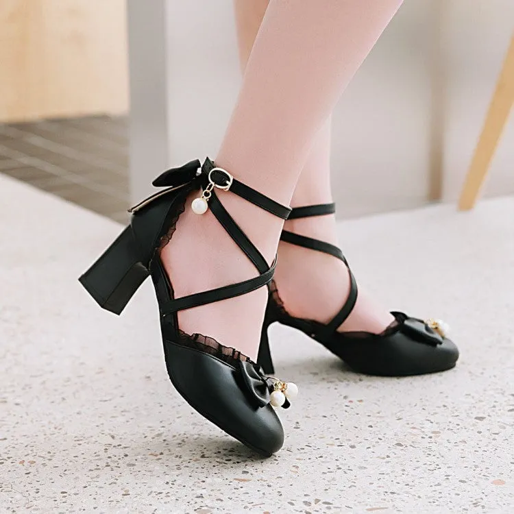 Women's Ankle Strap Butterfly Knot Pearl Cross Tied Strap Block Heel Sandals