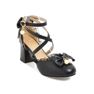 Women's Ankle Strap Butterfly Knot Pearl Cross Tied Strap Block Heel Sandals