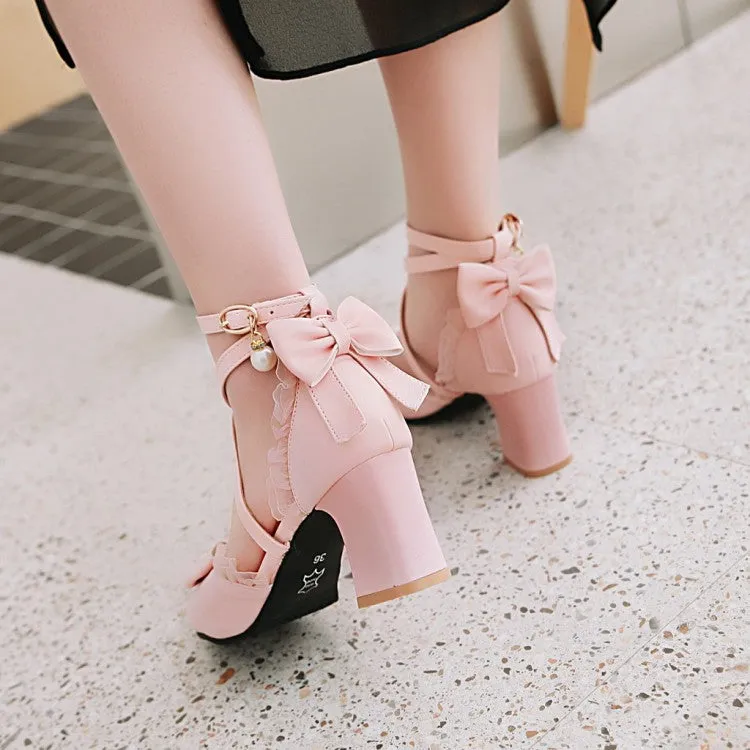 Women's Ankle Strap Butterfly Knot Pearl Cross Tied Strap Block Heel Sandals