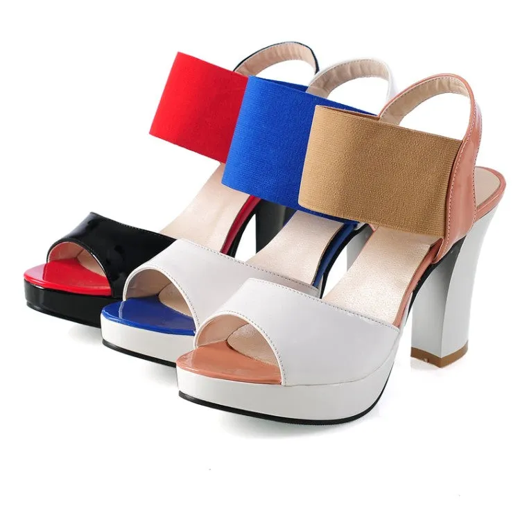 Women's Bling Bling Glossy Color Block Round Toe High Heel Platform Sandals