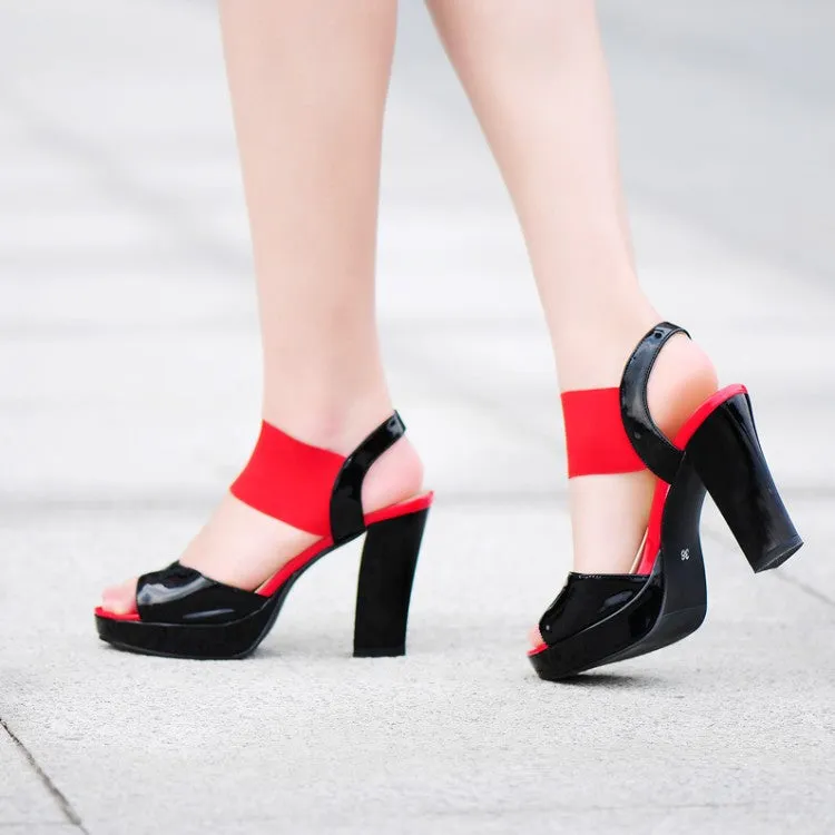 Women's Bling Bling Glossy Color Block Round Toe High Heel Platform Sandals