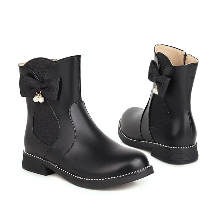 Women's  Bowtie Pearl Low Heel Short Boots
