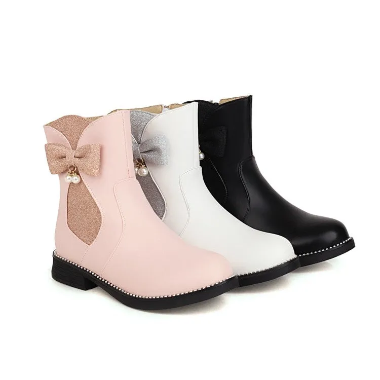 Women's  Bowtie Pearl Low Heel Short Boots