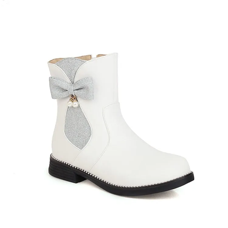Women's  Bowtie Pearl Low Heel Short Boots