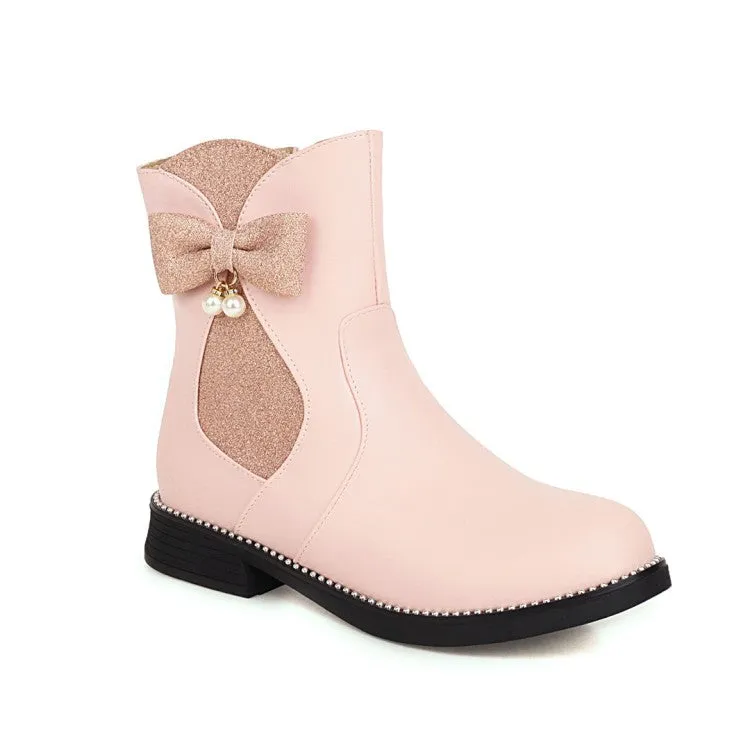 Women's  Bowtie Pearl Low Heel Short Boots