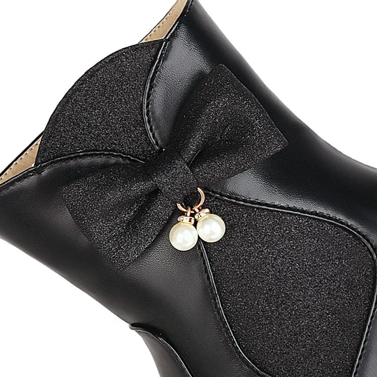 Women's  Bowtie Pearl Low Heel Short Boots