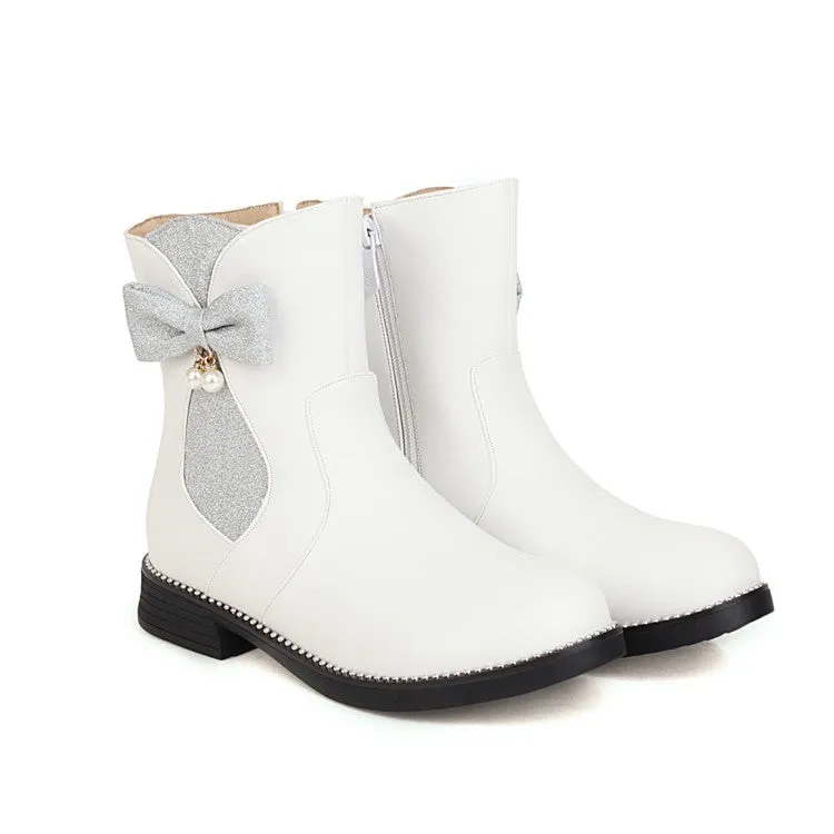 Women's  Bowtie Pearl Low Heel Short Boots