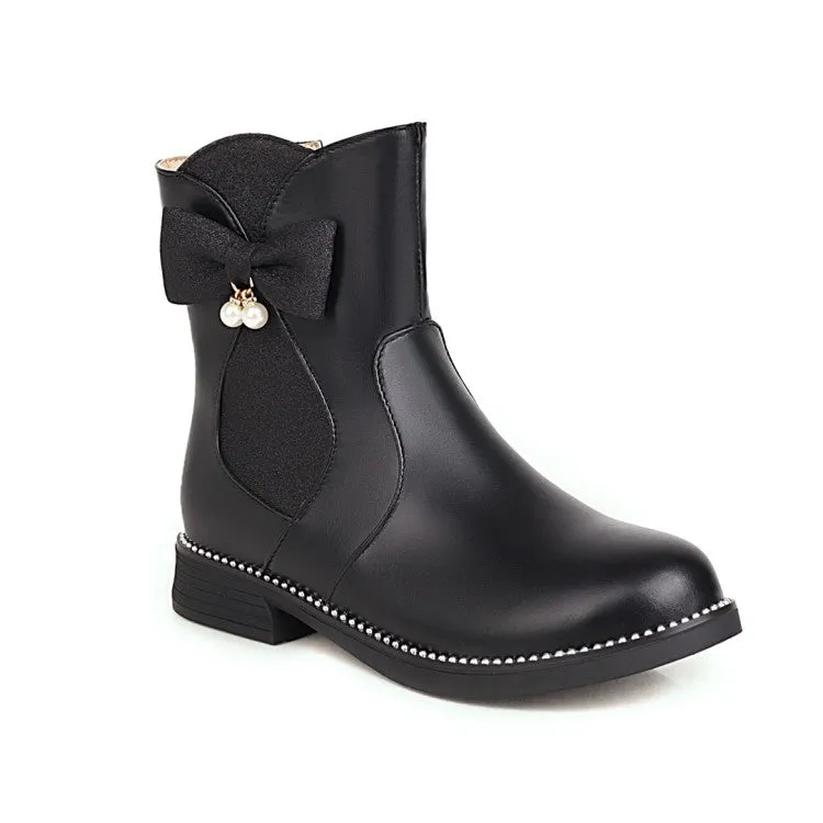 Women's  Bowtie Pearl Low Heel Short Boots