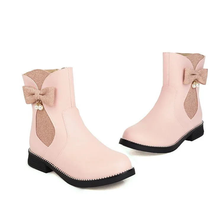 Women's  Bowtie Pearl Low Heel Short Boots