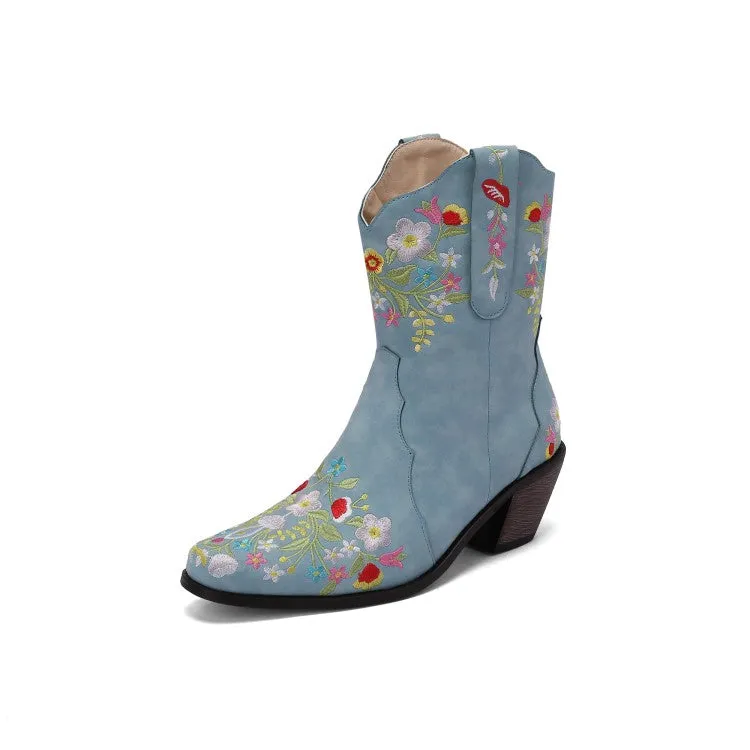 Women's Embroidery Floral Printing High Heel Mid Calf Boots