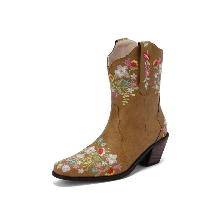 Women's Embroidery Floral Printing High Heel Mid Calf Boots