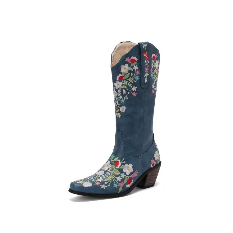 Women's Embroidery Floral Printing High Heel Mid Calf Boots