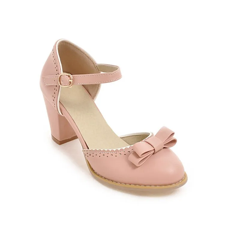 Women's Hollow Out Butterfly Knot Ankle Strap Block Heel Sandals