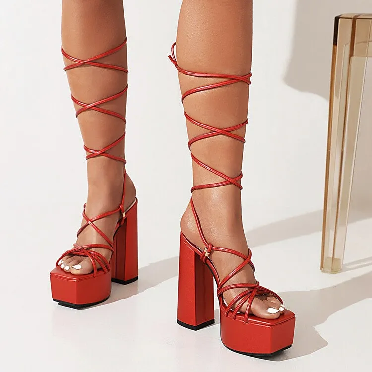 Women's Jelly Color Cross Tied Strap Chunky Heel High Heels Platform Sandals