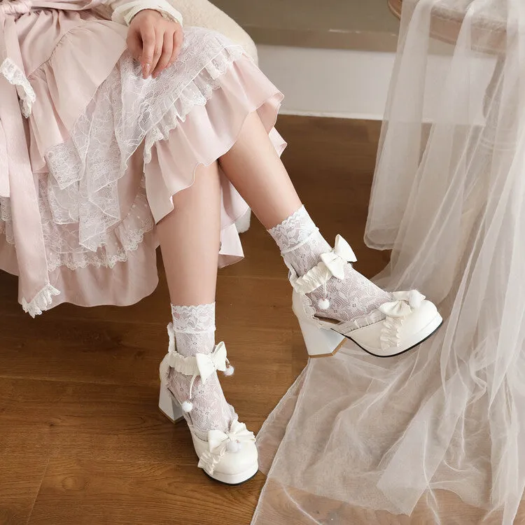 Women's Lace Bow Tie Ankle Strap Block Heel Platform Sandals