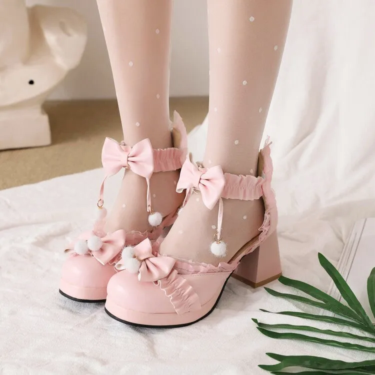 Women's Lace Bow Tie Ankle Strap Block Heel Platform Sandals