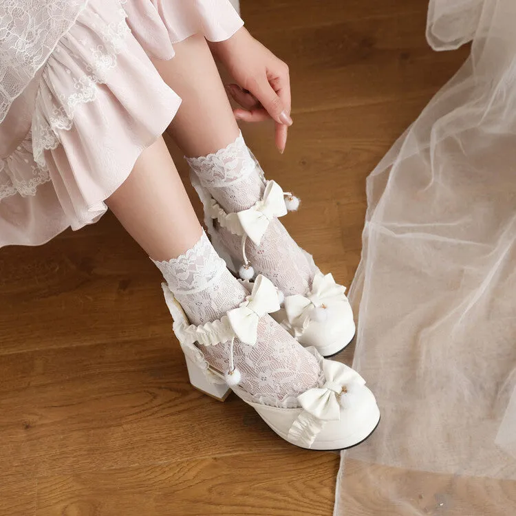 Women's Lace Bow Tie Ankle Strap Block Heel Platform Sandals