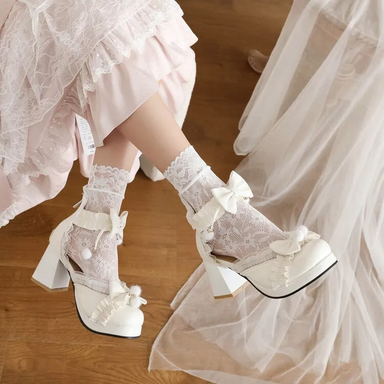 Women's Lace Bow Tie Ankle Strap Block Heel Platform Sandals