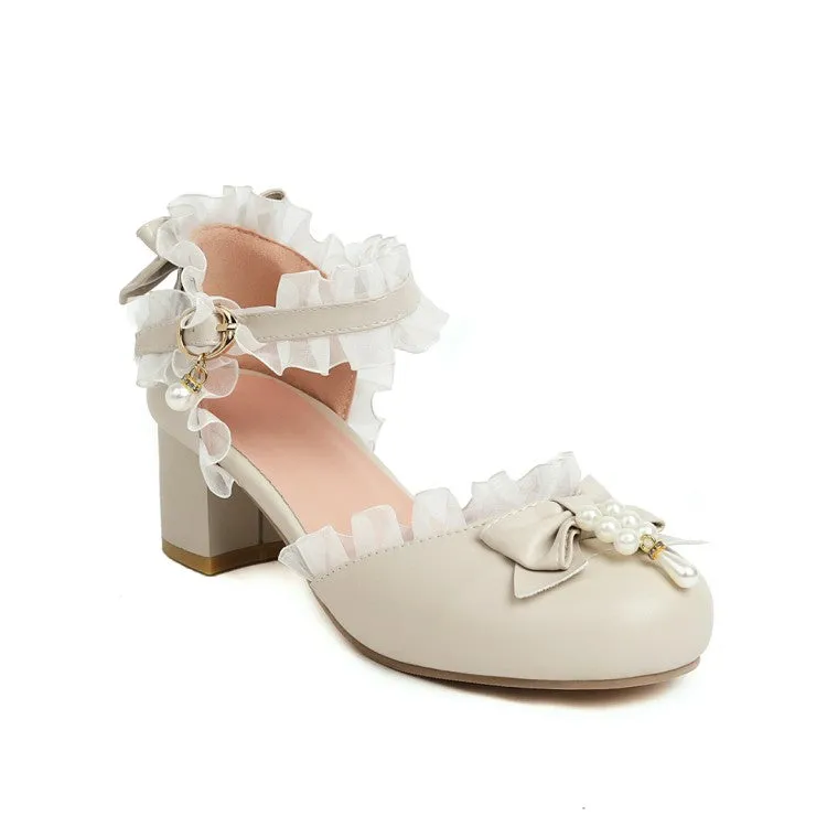 Women's Lolita Lace Butterfly Knot Pearls Chunky Heel Platform Sandals