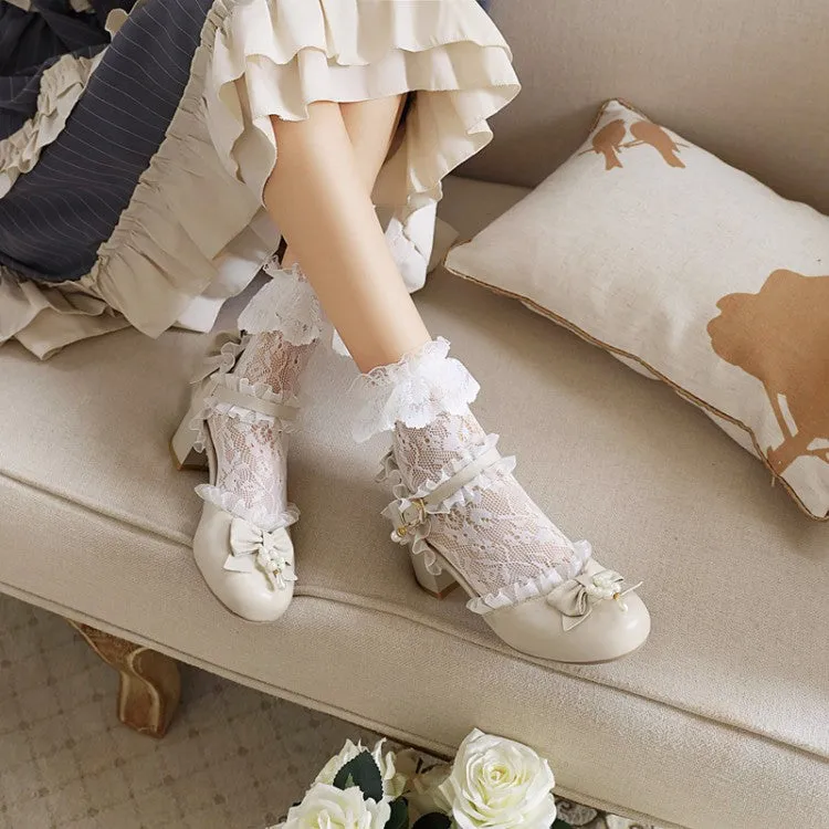Women's Lolita Lace Butterfly Knot Pearls Chunky Heel Platform Sandals