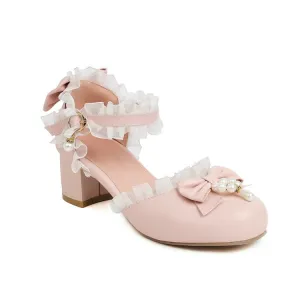 Women's Lolita Lace Butterfly Knot Pearls Chunky Heel Platform Sandals