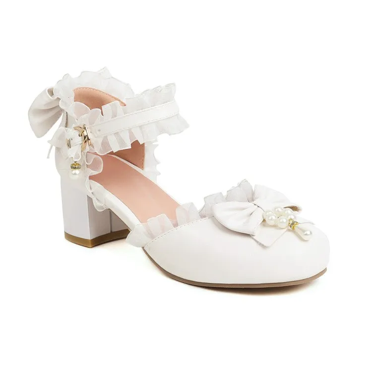 Women's Lolita Lace Butterfly Knot Pearls Chunky Heel Platform Sandals