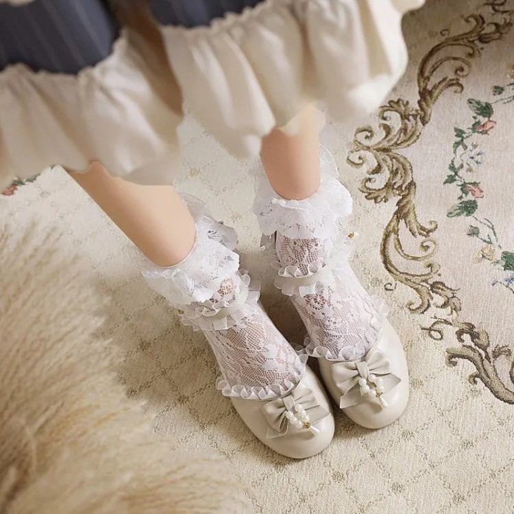 Women's Lolita Lace Butterfly Knot Pearls Chunky Heel Platform Sandals