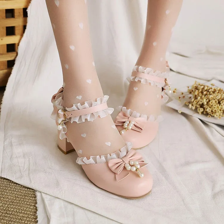 Women's Lolita Lace Butterfly Knot Pearls Chunky Heel Platform Sandals