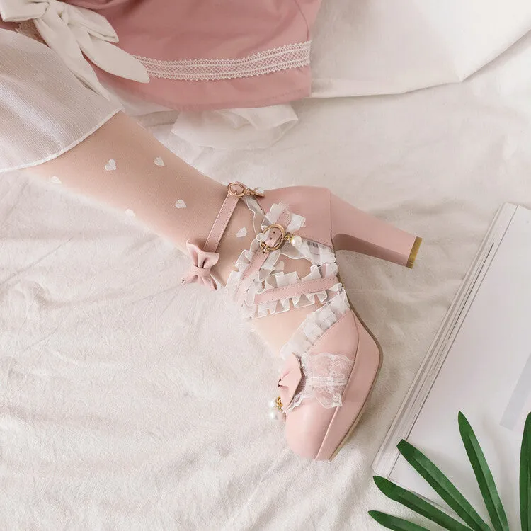 Women's Lolita Lace Pearls Butterfly Knot Chunky Heel Platform Sandals