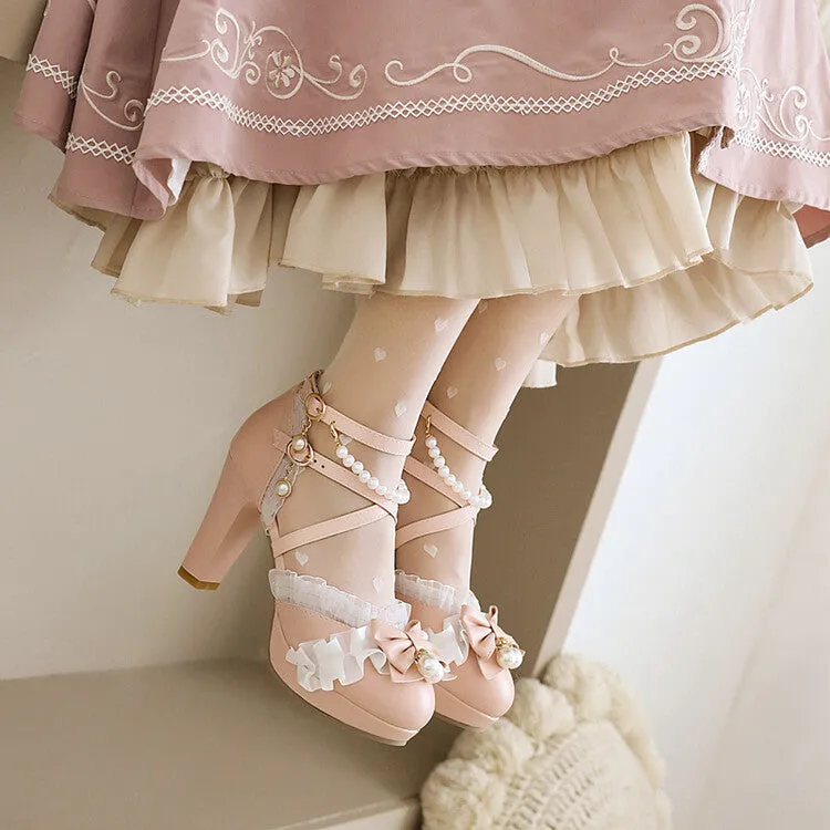 Women's Lolita Lace Pearls Butterfly Knot Chunky Heel Platform Sandals