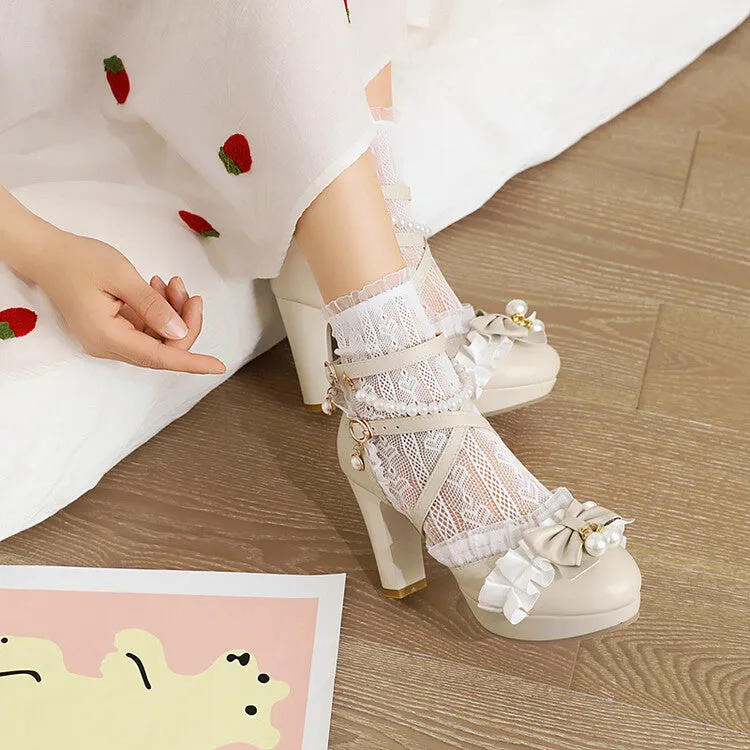 Women's Lolita Lace Pearls Butterfly Knot Chunky Heel Platform Sandals