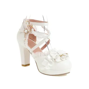 Women's Lolita Lace Pearls Butterfly Knot Chunky Heel Platform Sandals