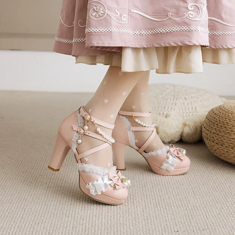 Women's Lolita Lace Pearls Butterfly Knot Chunky Heel Platform Sandals